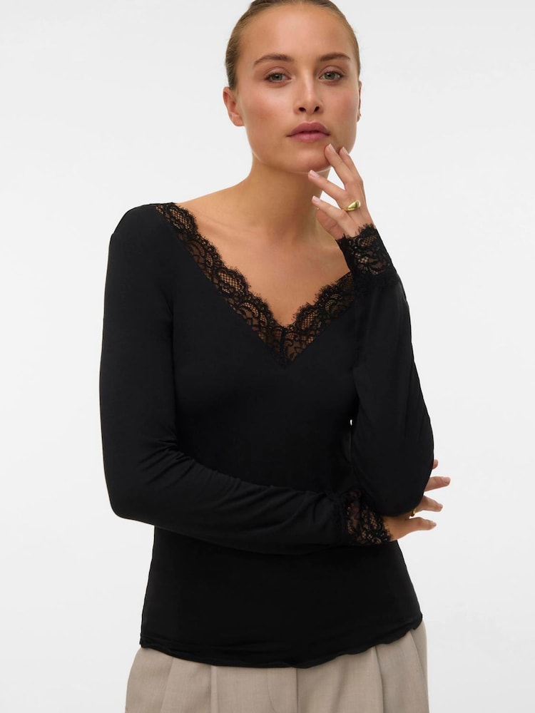 VERO MODA Black Long Sleeve V-Neck Lace Trim Top - Image 1 of 5 VERO MODA Black Long Sleeve V-Neck Lace Trim Top - Image 1 of 5