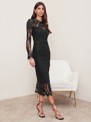 Schwarz - Lipsy Langärmeliges, figurbetontes, hochwertiges Midikleid mit Spitze - Bild 1 von 4