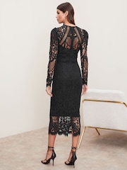 Schwarz - Lipsy Langärmeliges, figurbetontes, hochwertiges Midikleid mit Spitze - Bild 2 von 4