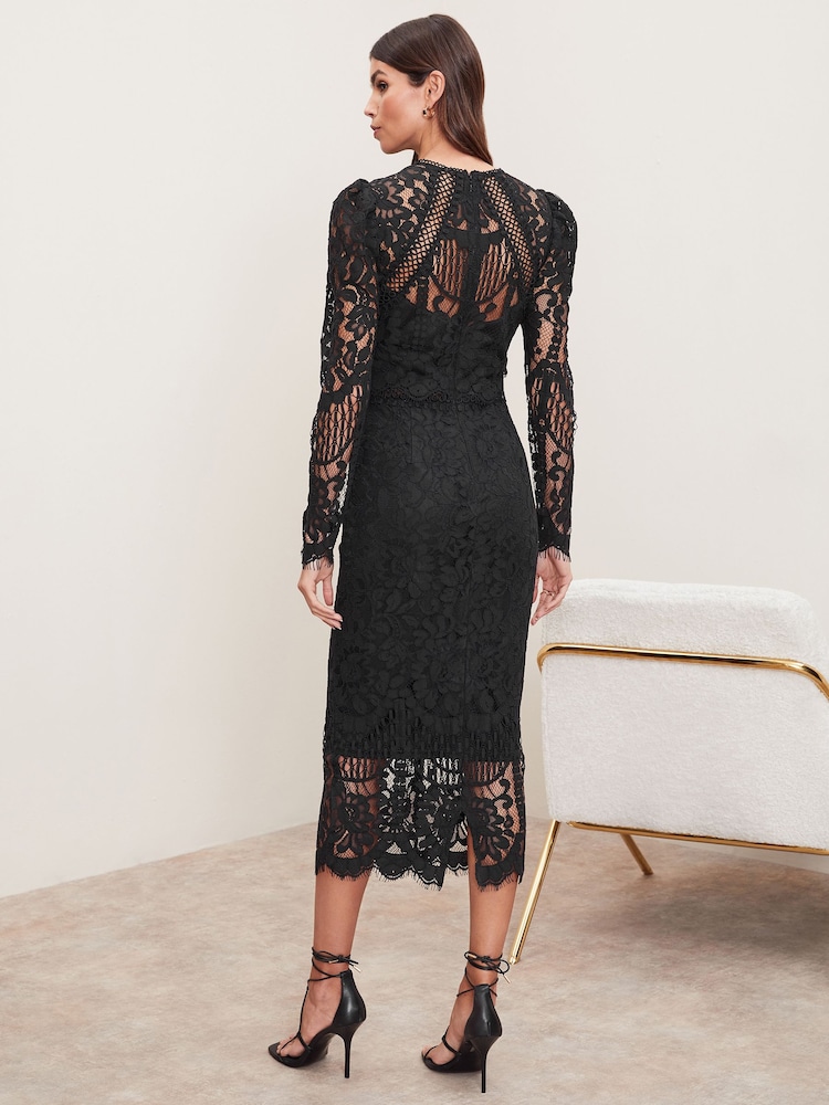 Schwarz - Lipsy Langärmeliges, figurbetontes, hochwertiges Midikleid mit Spitze - Bild 2 von 4