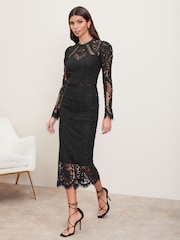 Schwarz - Lipsy Langärmeliges, figurbetontes, hochwertiges Midikleid mit Spitze - Bild 3 von 4