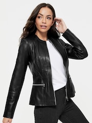 Urban Code Black Collarless Leather Jacket - Image 1 of 4