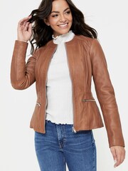 Urban Code Brown Collarless Leather Jacket - Image 1 of 4