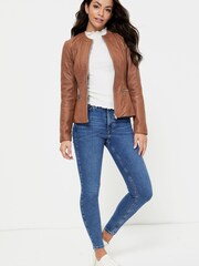 Urban Code Brown Collarless Leather Jacket - Image 4 of 4