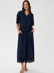 Kaffe Blue KAgertrud Embroidered Hem Midi Skirt - Image 1 of 6