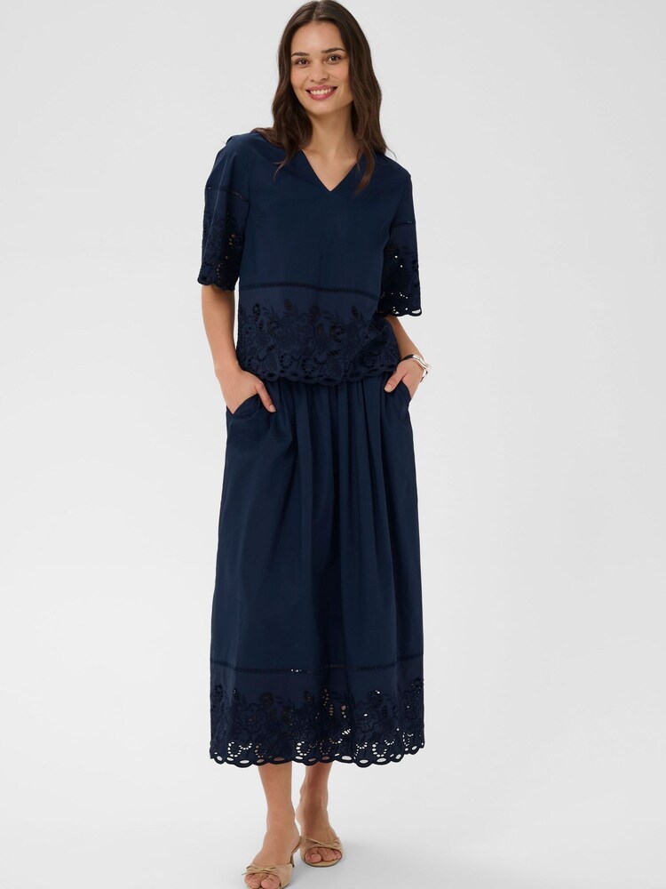 Kaffe Blue KAgertrud Embroidered Hem Midi Skirt - Image 1 of 6 Kaffe Blue KAgertrud Embroidered Hem Midi Skirt - Image 1 of 6