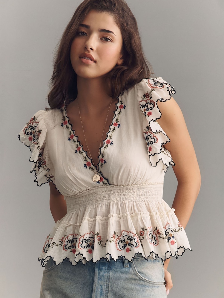 Anthropologie Cream Embroidered Flutter-Sleeve Top - Image 2 of 3 Anthropologie Cream Embroidered Flutter-Sleeve Top - Image 2 of 3
