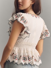 Anthropologie Cream Embroidered Flutter-Sleeve Top - Image 3 of 3