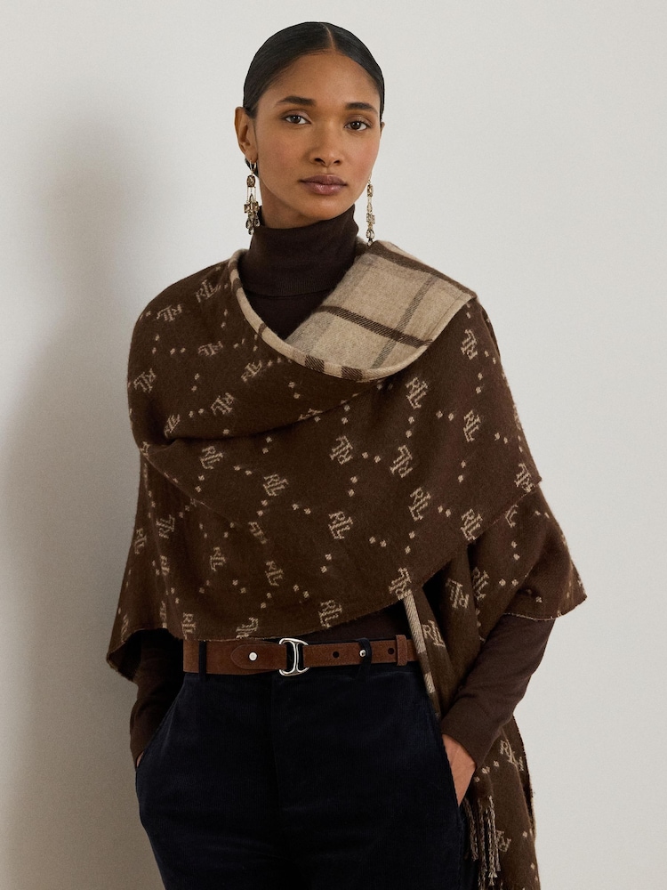 Lauren Ralph Lauren Brown Plaid & Logo Jacquard Reversible Ruana Cape Scarve - Image 1 of 8