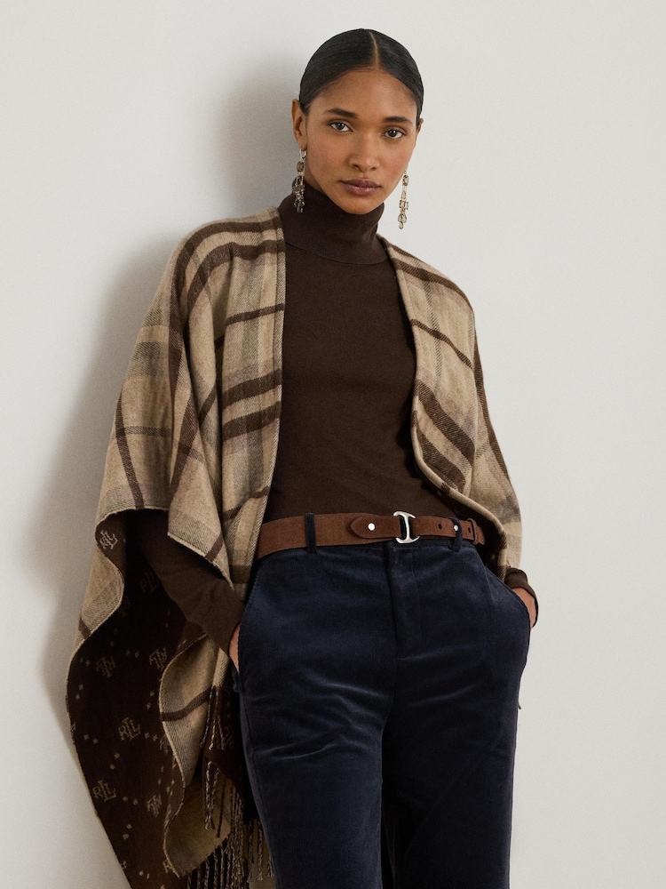Lauren Ralph Lauren Brown Plaid & Logo Jacquard Reversible Ruana Cape Scarve - Image 2 of 8
