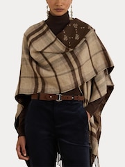 Lauren Ralph Lauren Brown Plaid & Logo Jacquard Reversible Ruana Cape Scarve - Image 6 of 8