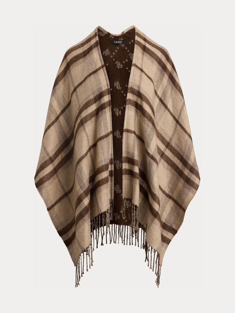 Lauren Ralph Lauren Brown Plaid & Logo Jacquard Reversible Ruana Cape Scarve - Image 8 of 8