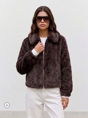 VERO MODA Brown Plush Faux Fur Short Jacket - Image 1 of 5