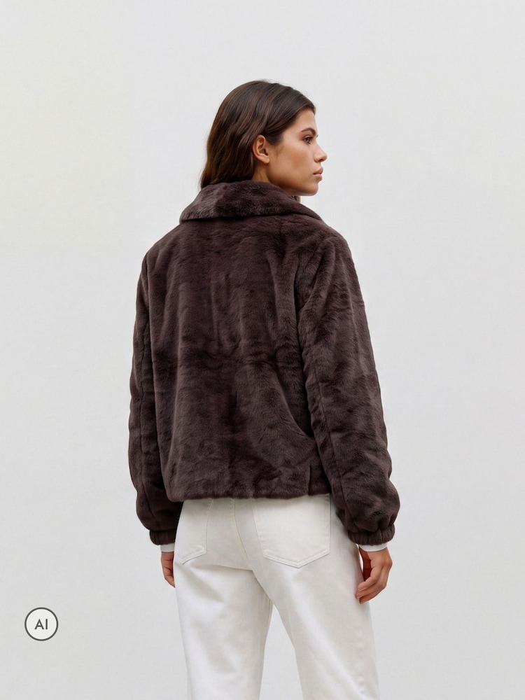 VERO MODA Brown Plush Faux Fur Short Jacket - Image 2 of 5