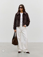 VERO MODA Brown Plush Faux Fur Short Jacket - Image 3 of 5