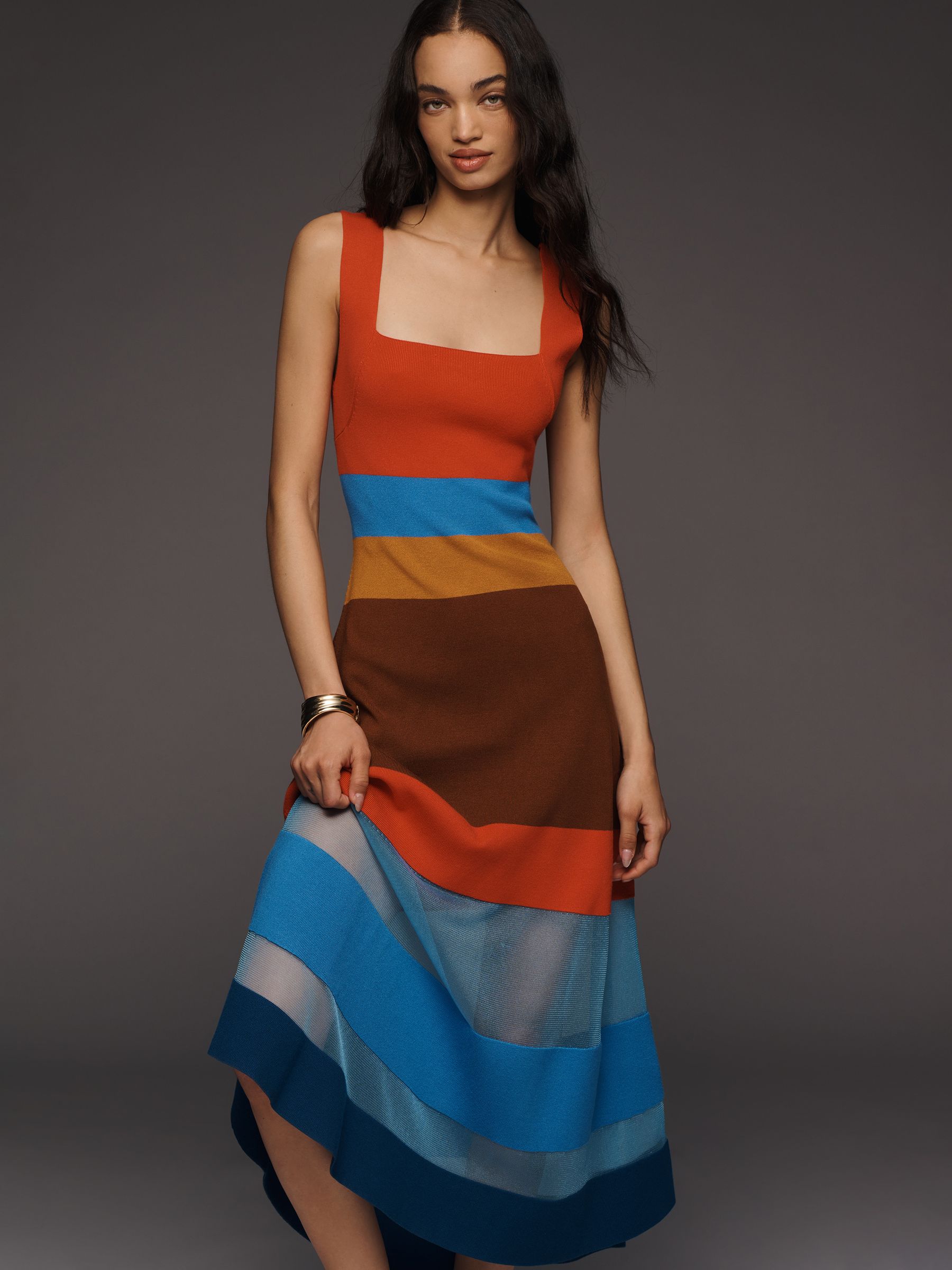 blue and orange anthropologie dress Anthropologie FarmRio Smocked Blue and Orange Long Sleeve Sundress