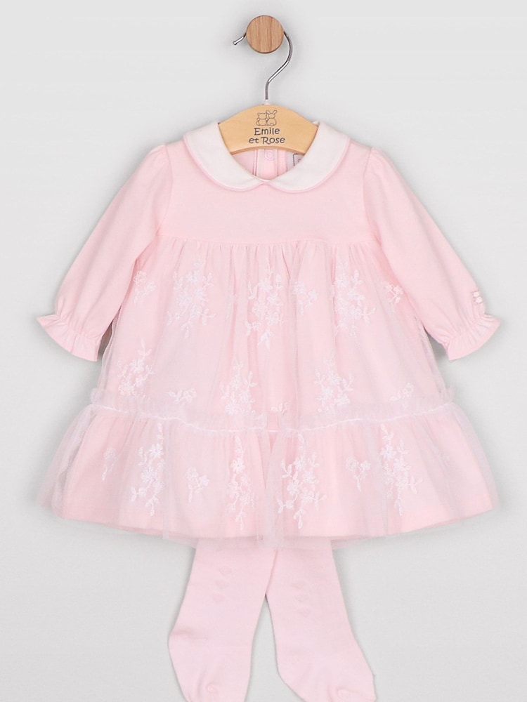 Emile Et Rose Pink Molly - Jersey Dress With Embroidered Tulle Overlay & Tights - Image 2 of 6 Emile Et Rose Pink Molly - Jersey Dress With Embroidered Tulle Overlay & Tights - Image 2 of 6