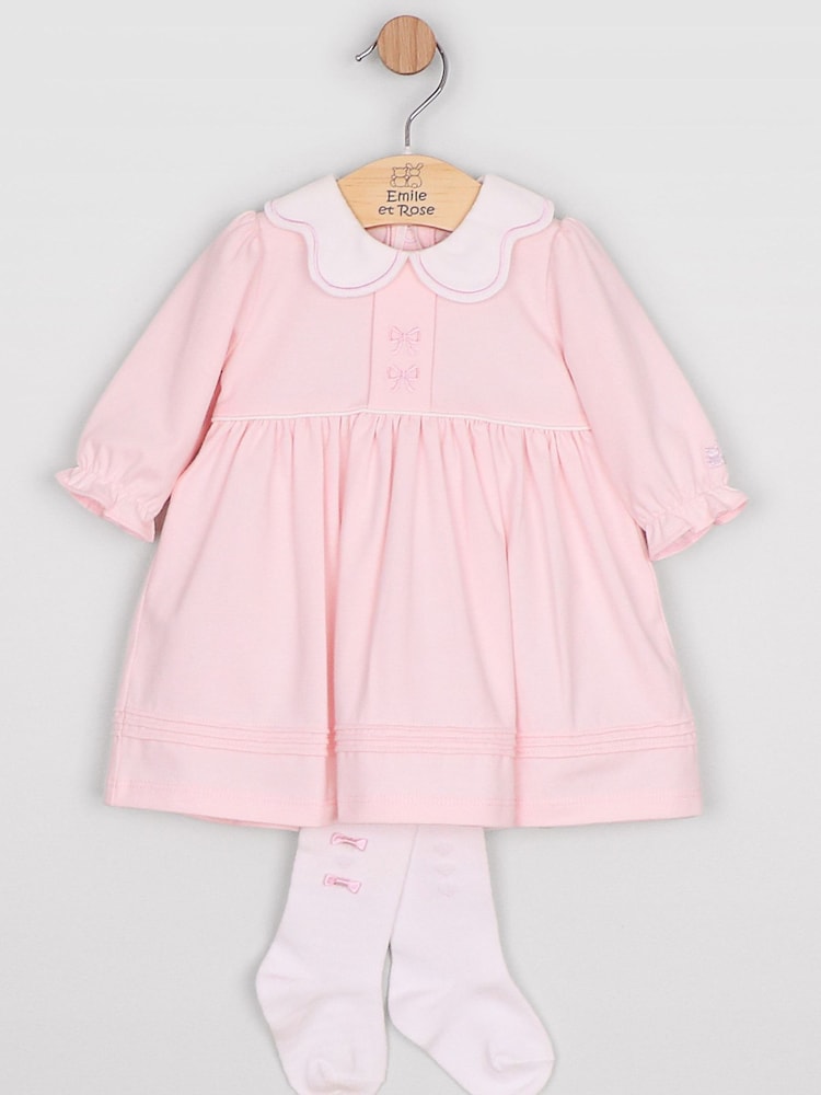 Emile Et Rose Pink Maggie - Jersey Dress With Embroidered Bows, Large Collar & Tights - Image 2 of 4 Emile Et Rose Pink Maggie - Jersey Dress With Embroidered Bows, Large Collar & Tights - Image 2 of 4