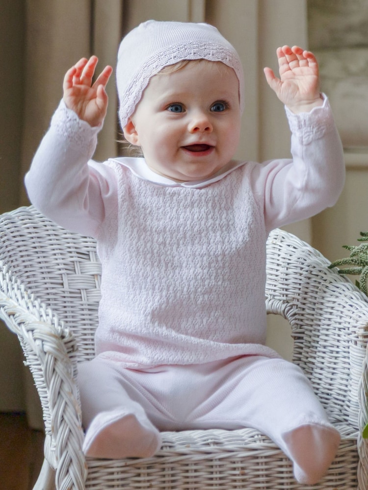 Emile Et Rose Pink Minny - Knitted Two-Piece With Large Embroidered Collar, Foot-in Leggings & Hat Set - Image 1 of 7 Emile Et Rose Pink Minny - Knitted Two-Piece With Large Embroidered Collar, Foot-in Leggings & Hat Set - Image 1 of 7