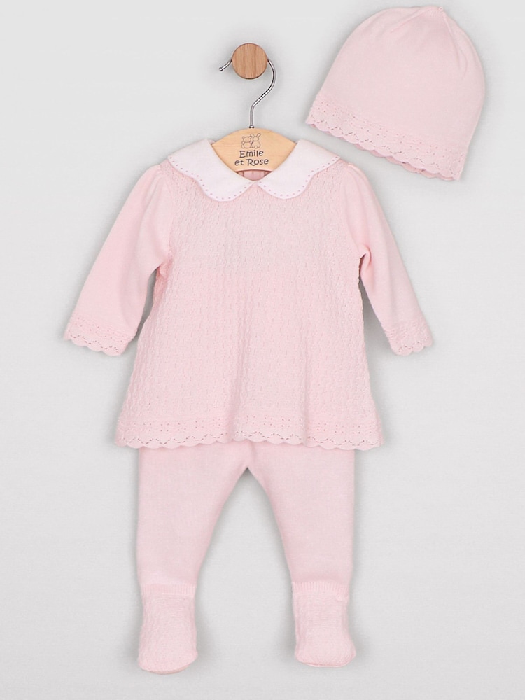 Emile Et Rose Pink Minny - Knitted Two-Piece With Large Embroidered Collar, Foot-in Leggings & Hat Set - Image 2 of 7 Emile Et Rose Pink Minny - Knitted Two-Piece With Large Embroidered Collar, Foot-in Leggings & Hat Set - Image 2 of 7