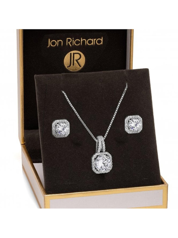 Jon Richard Silver Rhodium Plated Crystal Square Drop Pendant Set - Gift Boxed - Image 1 of 1