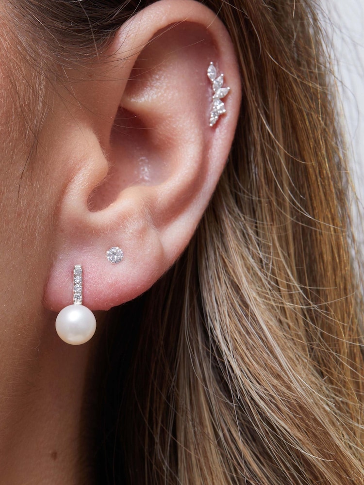 Simply Silver Sterling Silver 925 Freshwater Pearl Cubic Zirconia Bar Drop Earrings - Image 1 of 2