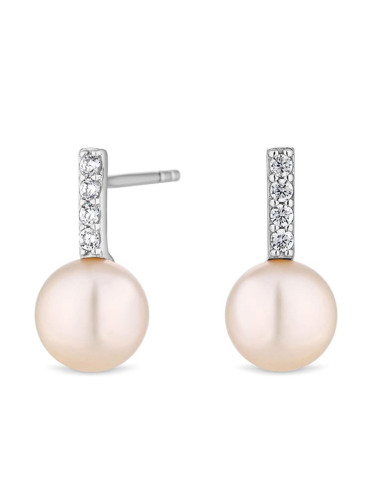 Simply Silver Sterling Silver 925 Freshwater Pearl Cubic Zirconia Bar Drop Earrings - Image 2 of 2