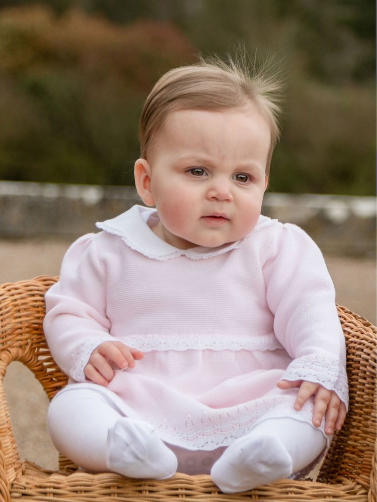 Emile Et Rose Pink Millie - Knitted Dress With Crocheted Edges, Large Collar & Tights - Image 1 of 5 Emile Et Rose Pink Millie - Knitted Dress With Crocheted Edges, Large Collar & Tights - Image 1 of 5