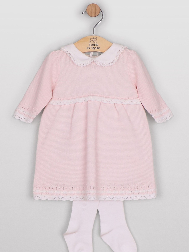 Emile Et Rose Pink Millie - Knitted Dress With Crocheted Edges, Large Collar & Tights - Image 2 of 5 Emile Et Rose Pink Millie - Knitted Dress With Crocheted Edges, Large Collar & Tights - Image 2 of 5