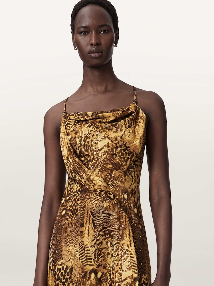 allsaints gold dress ALLSAINTS Women's Lexi Gold Ribbed Midi Bodycon Dress L32702 Size Medium