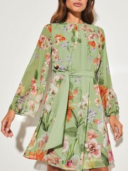 Lipsy Sage Floral Petite Long Flared Sleeve Round Neck Belted Shift Dress - Image 1 of 4