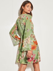 Lipsy Sage Floral Petite Long Flared Sleeve Round Neck Belted Shift Dress - Image 2 of 4