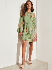 Lipsy Sage Floral Petite Long Flared Sleeve Round Neck Belted Shift Dress - Image 3 of 4