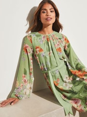 Lipsy Sage Floral Petite Long Flared Sleeve Round Neck Belted Shift Dress - Image 4 of 4