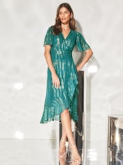 Lipsy Teal Blue Metallic Flutter Sleeve Ruffled Wrap Midi Dress - Image 1 of 1