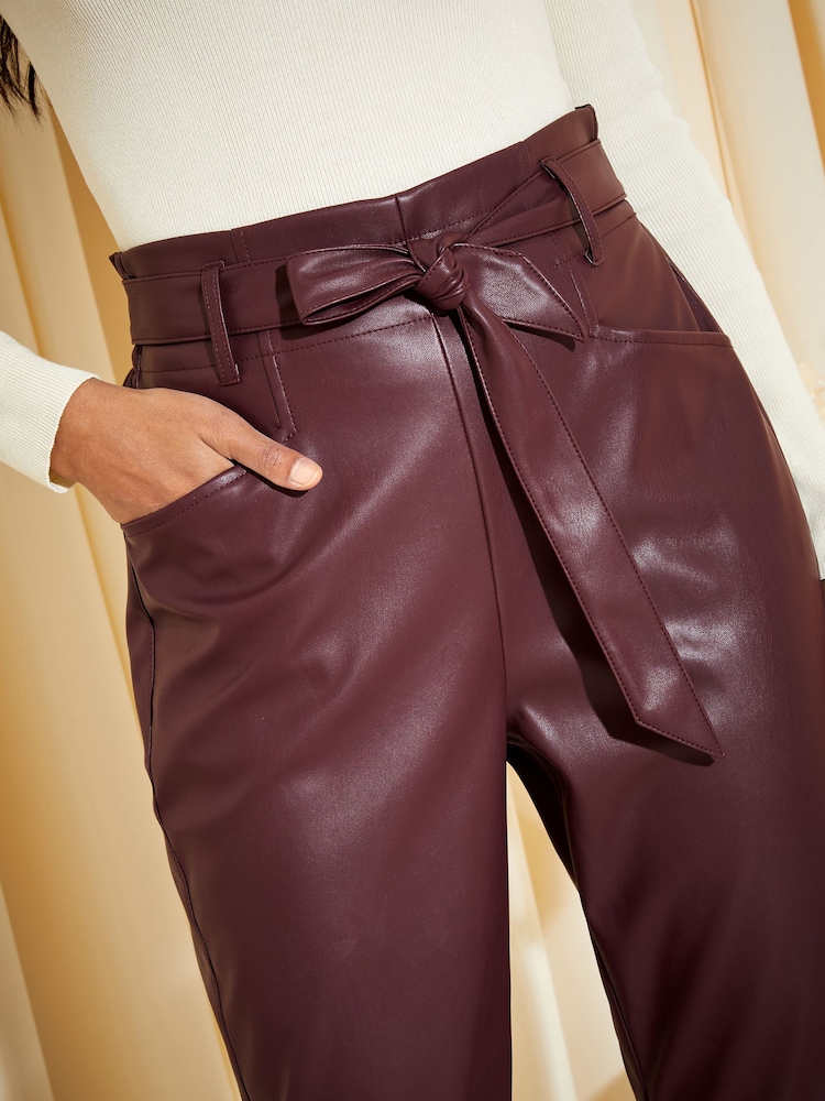 Friends Like These Berry Red PU Paperbag Belted Trousers - Image 4 of 4 Friends Like These Berry Red PU Paperbag Belted Trousers - Image 4 of 4