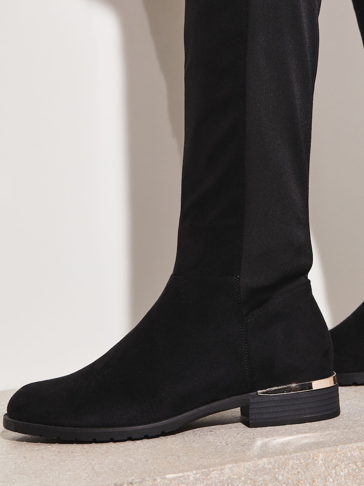 Lipsy Black Regular Fit Flat Long Knee Faux Suedette Boot - Image 2 of 4