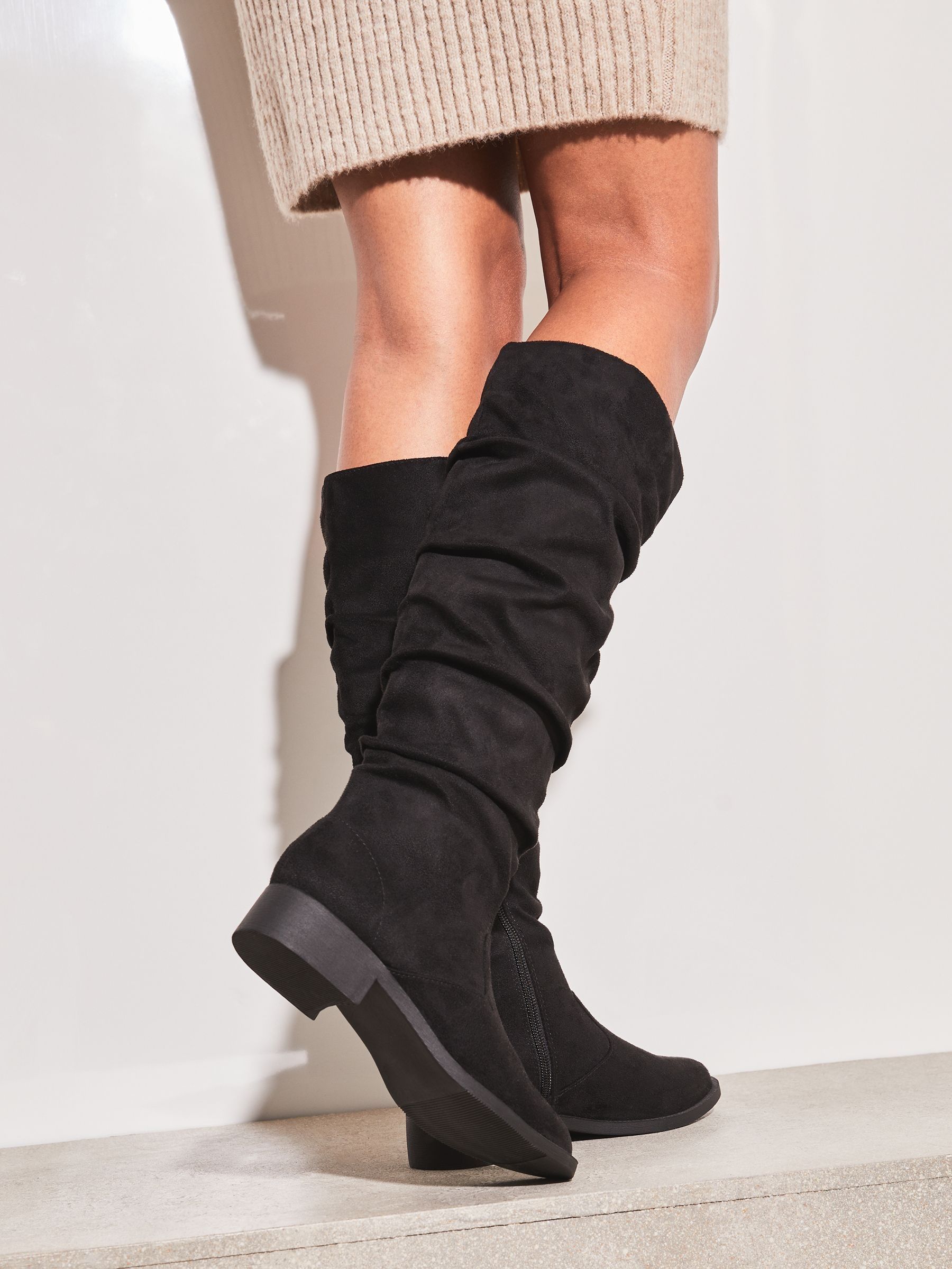 Buy Lipsy Black Wide FIt Suedette Ruched Knee High Boot from the Next ...