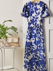 Friends Like These Blue Flutter Sleeve Satin Split Belted Midi Summer Dress - Image 5 of 5