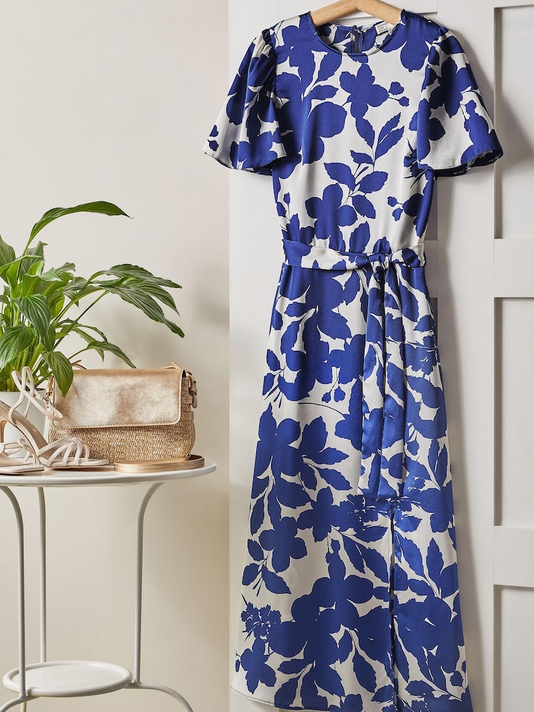 Friends Like These Blue Flutter Sleeve Satin Split Belted Midi Summer Dress - Image 5 of 5