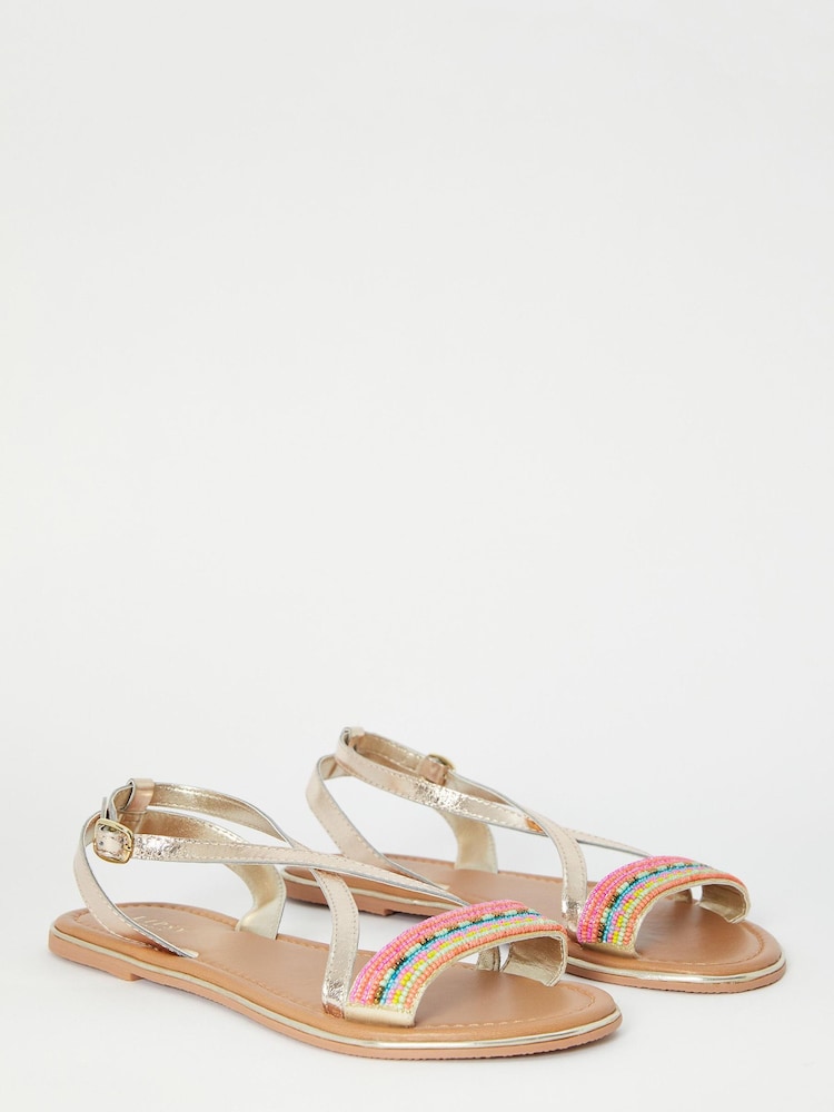 Lipsy Gold Embellished Beaded Leather Flat Sandal - Image 1 of 4
