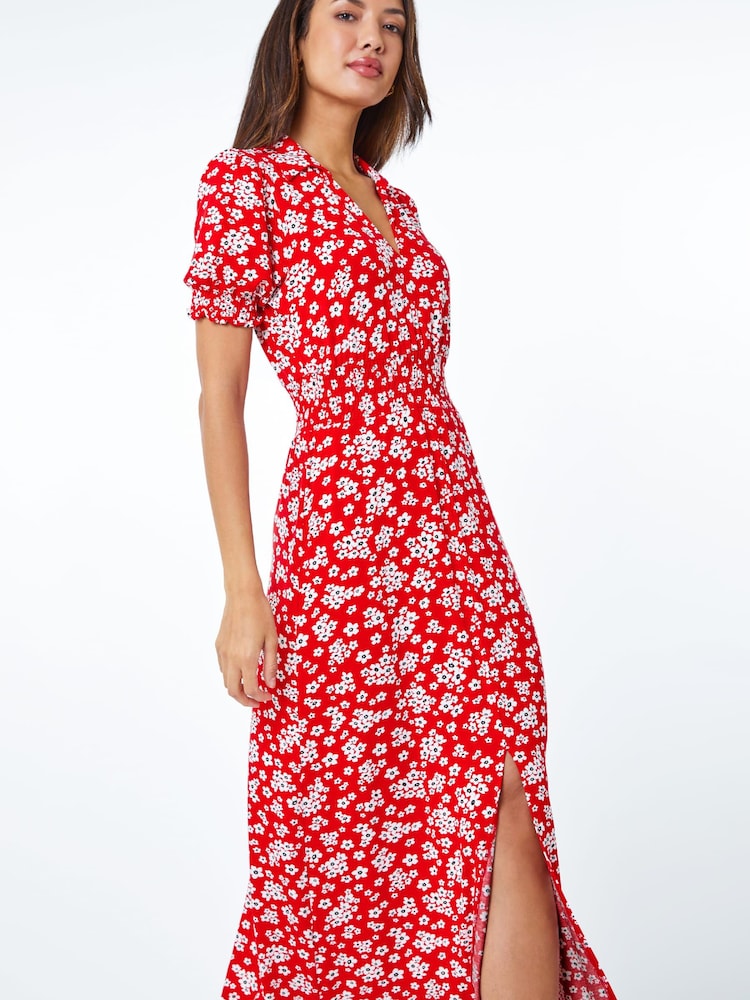 Roman Red Ditsy Floral Print Jersey Fit & Flare Dress - Image 1 of 5
