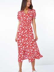 Roman Red Ditsy Floral Print Jersey Fit & Flare Dress - Image 3 of 5