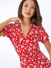 Roman Red Ditsy Floral Print Jersey Fit & Flare Dress - Image 4 of 5