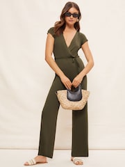 Khaki - Friends Like These - Jersey zomer-jumpsuit met wijde pijpen en V-hals in overslagstijl - Image 3 of 4