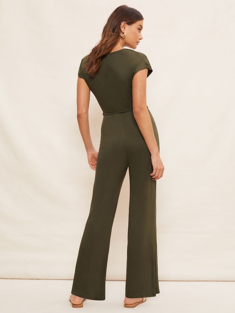 Khaki - Friends Like These - Jersey zomer-jumpsuit met wijde pijpen en V-hals in overslagstijl - Image 4 of 4