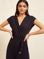 Friends Like These Black Petite Jersey Wide Leg Wrap Style V Neck Summer Jumpsuit - Image 4 of 4