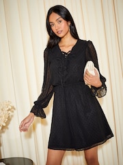 Friends Like These Black Petite Ruffle Chiffon Tie Detail Long Sleeve Mini Dress - Image 1 of 4