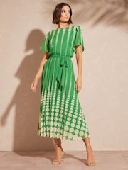Love & Roses Green Spot Printed Tulip Sleeve Belted Pleated Midi Summer Dress - Image 1 of 4