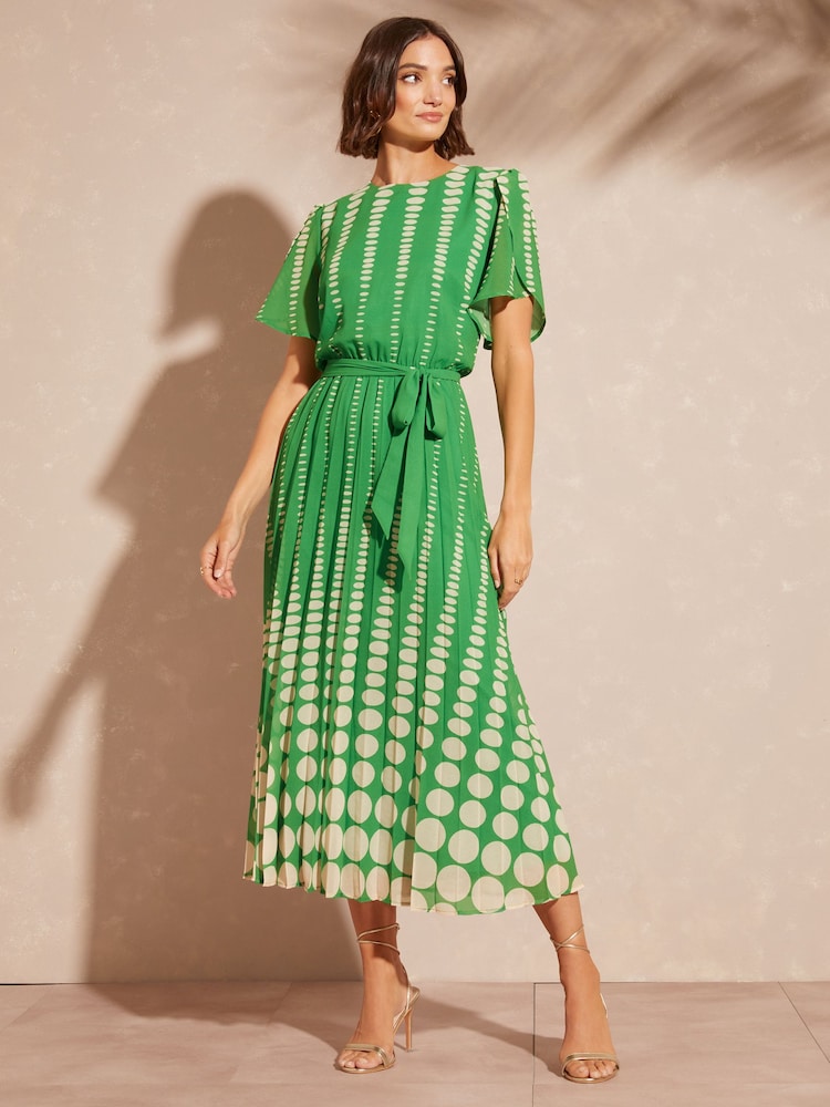 Love & Roses Green Spot Printed Tulip Sleeve Belted Pleated Midi Summer Dress - Image 1 of 4